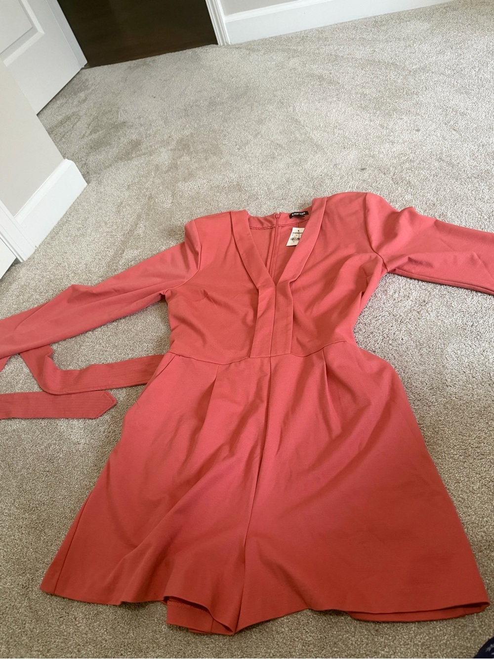 Express Coral Pink V-Neck Long Sleeve Romper